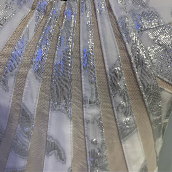 Aiden Maddox SZ 8 Silver Metallic and White Silk Wedding Formal Prom Gown - Picture 5 of 16